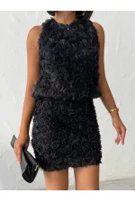 Topshow Siyah Gül Desenli Tül Toptan Etek