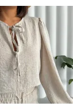 Glitter Striped Front Tie Wholesale Blouse - Stone Gold | TOPSHOW | F1804