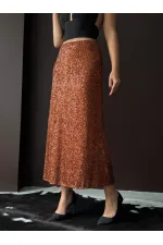 Topshow Brown Sequined Long Skirt - High Waist, Elegant Evening Dress Combination