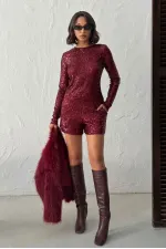 Topshow Sparkly Sequined Shorts - Claret Red