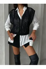 Topshow Black Braided V-Neck Wholesale Blouse