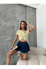 Topshow Fıstık Kırmızı Nakışlı Çizgili Toptan Tişört