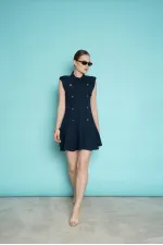 Sleeveless Mini Wholesale Dress with Shoulder Epaulets - Navy Blue | D2974 - Topshow