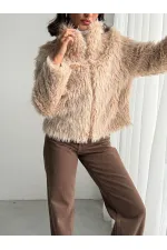Faux Fur Women's Jacket – Zippered, Soft Textured Modern Winter Coat - STONE