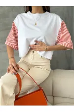 T-shirt Topshow à rayures orange en popeline à manches en gros