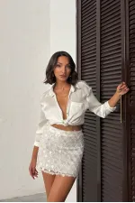 Topshow Pul Detaylı Abiye Mini Etek - Krem | F2011