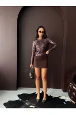 Chemisier à sequins scintillants Topshow à manches longues, disponible en gros - MARRON FONCÉ