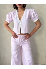 Guipure Detailed Striped Blouse - Pink | topshow