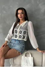 Çiçek Desenli Kısa Toptan Hırka | F0025 - Taş Siyah | TOPSHOW | F0025