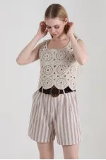 Topshow Stone Striped Belted Linen Wholesale Shorts