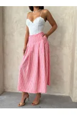 Çizgili Keten Etek - Pembe | Topshow | F1918