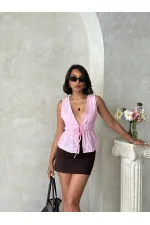 Chemisier en voile brodé avec lien à nouer sur le devant - Rose | Topshow