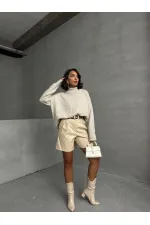 Belted Leather Wholesale Shorts - Stone | TOPSHOW | F1497