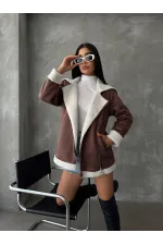 Manteau en cuir à fermeture éclair et col en fourrure (vente en gros) - Beige crème | TOPSHOW | F1534