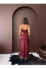 Topshow Bordo Payetli Uzun Etek - Yüksek Bel, Şık Gece Elbisesi Kombini