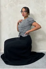 Blouse Topshow noire à carreaux imprimée taille haute, vente en gros