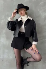 Nubuk Yakası Kürklü Toptan Mont - Siyah | TOPSHOW | F1577