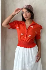 Kol Ucu Etek Gipeli Düğmeli Gömlek - Oranj Topshow