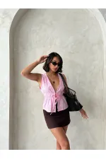 Chemisier en voile brodé avec lien à nouer sur le devant - Rose | Topshow