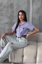 Topshow Lilac Striped Belt Detailed Striped Wholesale Shirt