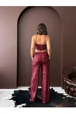 Topshow - Wholesale Sequined Wide Leg Women's Trousers - Elegant Night Outfit - Burgundy