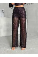 Pullu Tül Toptan Pantolon - Siyah Bordo | TOPSHOW | F1611