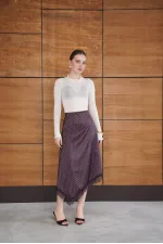 Jupe en satin à pois et détails en dentelle - Marron | F2077 - Topshow