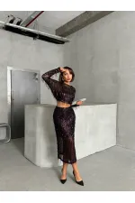 Tüy Pullu Toptan Etek - Siyah Bordo | TOPSHOW | F1621