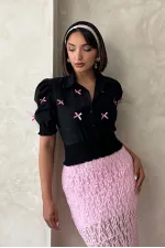 Kol Ucu Toptan Etek Gipeli Düğmeli Toptan Gömlek - Siyah | Topshow