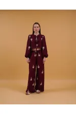 Front-Tie Embroidered Wholesale Blouse - Claret Red | Topshow | F1711