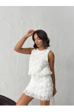 Topshow - Toptan Gül Süzüneli Kolsuz Bluz - Krem