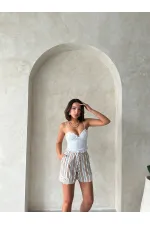 Paça Dantelli Çizgili Şort - Pudra | Topshow