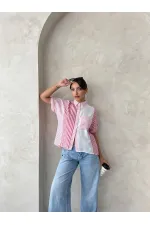 Topshow Fuşya Parçalı Çizgili Toptan Gömlek