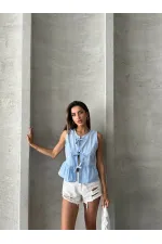 Topshow Mavi Önden Baglamalı Toptan Bluz