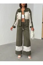 Dantel Detaylı Geniş Paça Kadın Pantolon - Haki | Topshow | F1958