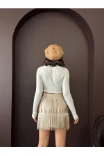 Topshow Tasseled Scuba Suede Wholesale Skirt - Stone | F2030