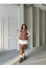 Karışık Baskı Desenli Elyaflı Şişme Toptan Yelek - Kahve | TOPSHOW | F1749