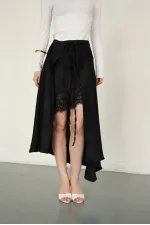 Dantel Detaylı Saten Toptan Etek - Siyah | D2976 - Topshow