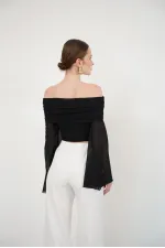 Blouse en tulle à manches longues en gros - Noire | D2977 - Topshow