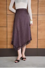 Jupe en satin à pois et détails en dentelle - Marron | F2077 - Topshow