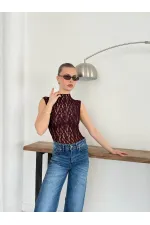 Sıfır Kol Dantel Bluz - Bordo | Topshow