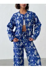 Çiçek Nakışlı Fermuarlı Ceket - Saks | Topshow | F1948