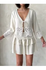 Veste à nouer sur le devant avec détails en dentelle - Pierre | Topshow | F1946