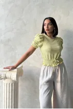 Topshow Fıstık Yeşili Beli Gipeli Pitikareli Toptan Bluz