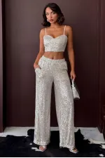 Topshow - Wholesale Sequined Wide Leg Women's Trousers - Stylish Night Outfit - Stone