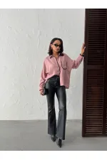 Topshow Powder Pink Black Embroidered Pocketed Linen Wholesale Shirts