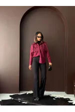 Chemise Topshow à franges en daim scuba - Rouge bordeaux | F2029