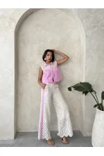 Lace Detailed Sequin Denim Jacket - Pink Topshow