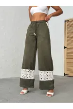 Dantel Detaylı Geniş Paça Kadın Pantolon - Haki | Topshow | F1958