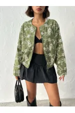 Çiçek Nakışlı Fermuarlı Ceket - Haki | Topshow | F1948